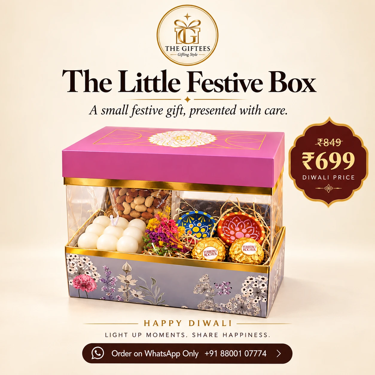 The Little Festive Box Diwali hamper with 75g bubble candle, 2 hand-painted diyas, 2 Ferrero Rocher