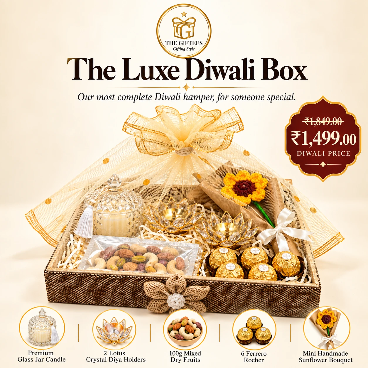 The Luxe Diwali Box: a Diwali hamper with a glass jar candle, lotus crystal diya holders, dry fruits, Ferrero Rocher and a handmade sunflower bouquet